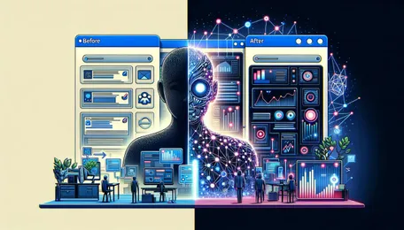 AI generated image depicting a figure in the center that's human on the left side and a futuristic robot on the right side. Where the figure is split, so is the background, in light and dark squares. Underneath the figure, there's a visualisation of an office workspace where people are looking at data visualisation. Behind the figure, there are frames that look like windows on a computer screen, saying 'before' and 'after', showing traditional web frames and flashy, colorful web frames.