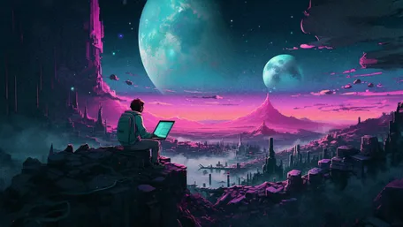 A man wearing a backpack sits on a rock, focused on his laptop, while a hotpink, purple atmosphere with mountains and other organic shapes is around him. We see two vibrant blue planets looming in the background, creating a cosmic scene.