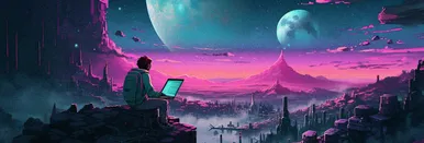 A man wearing a backpack sits on a rock, focused on his laptop, while a hotpink, purple atmosphere with mountains and other organic shapes is around him. We see two vibrant blue planets looming in the background, creating a cosmic scene.