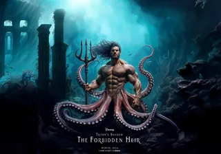 Final version of the tentacled merman holding his trident, in Atlantis. There is a fake movie logo and title. The movie is made by 'Donkey' animation studio's, representing the 'Disney' logo. The title is 'The Forbidden Heir'.