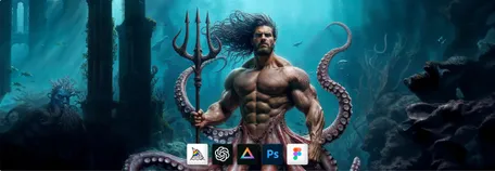 AI generated image of a figure depicting Triton holding his trident, long hair flowing in the underwater landscape. At the center bottom of the image we see 5 app icons: Midjourney, openAI, Magnific AI, Photoshop and Figma.