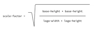 Mathematical formula for the scale factor calculation: The scale factor equals the square root of the quotient where the numerator is base height squared (base-height × base-height) and the denominator is the product of logo width and logo height.