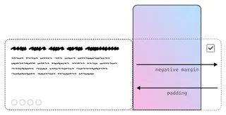 An illustration demonstrating layout adjustments using negative margins and padding. A gradient card transitioning from pink to blue is positioned inside a container. Arrows labeled ‘negative margin’ and ‘padding’ highlight how spacing is managed. The card includes a checkbox in the top right corner, and placeholder text is shown in a neighboring card to the left.