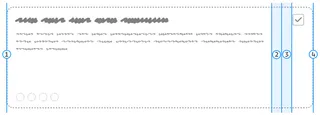 An illustration of a card layout with placeholder text and a checkbox in the top-right corner. Blue vertical lines with numbered markers (1 through 4) highlight the spacing and alignment guidelines, showing the structure of the layout. Dashed outlines frame the card for clarity.