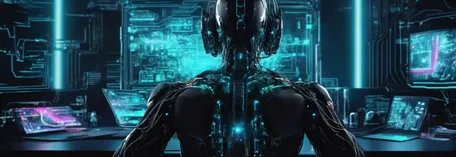 A futuristic robot facing multiple computer screens with neon blue lights in a high-tech control room.