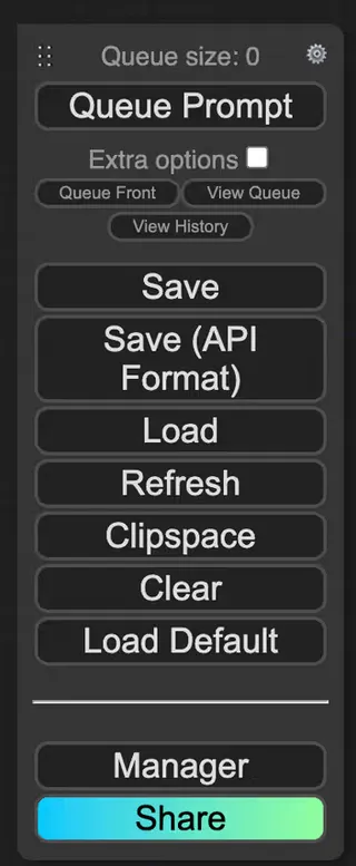 Screenshot of ComfyUI, showing the buttons: Queue Prompt, Save, Save (API Format), Load, Refresh, Clipspace, Clear, Load Default, Manager, Share