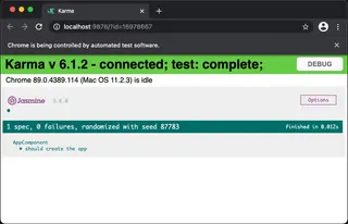 Screenshot of a web browser showing karma jasmine application with the completed testing