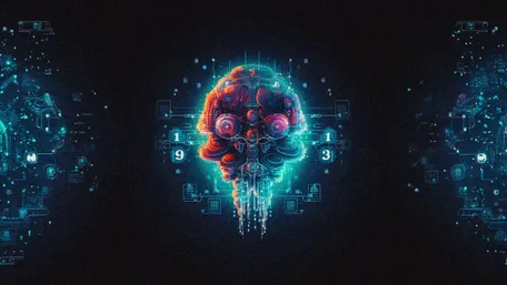 A glowing, futuristic brain-like structure floats in the center of a dark background, blending organic and mechanical elements with vibrant red and electric blue tones. Surrounding it are digital grids, floating data symbols, and glowing numbers "1931," creating a high-tech, cyberpunk aesthetic. The edges feature scattered circuitry and glowing particles, resembling a digital network or interface.