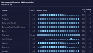 Table comparing the Tuberculosis incidence in cases per 100000 population across countries. For each country, a column chart shows the trend from 2000 to 2022. Lesotho has the highest incidence in 2022.