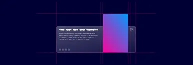 n abstract UI design concept with a dark blue background and a gradient pink-to-blue rectangular element on the right. A smaller dark card with white scribbles, resembling placeholder text, and a checkbox is centered on the design, surrounded by magenta grid lines indicating alignment and spacing.