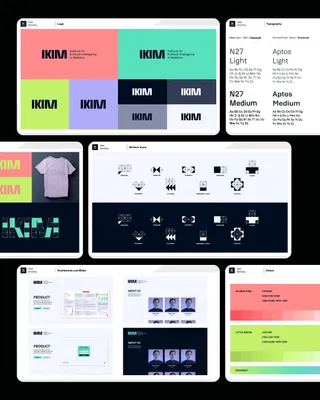Eindruck des Styleguides von IKIM mit Schriftarten, Logos, Icons und Anordnungen.