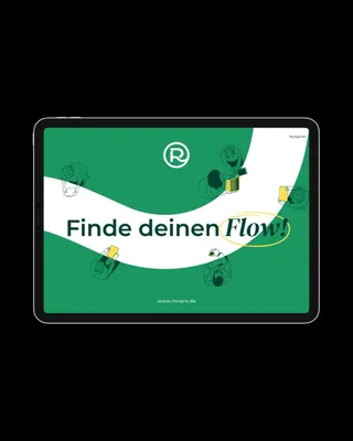 Mock-Up der Rivvers-Website auf einem Tablet. In der Mitte steht Finde deinen Flow vor einer geschwungenen weißen Linie.