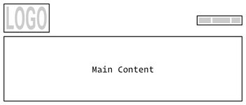 Wireframe showing a logo in the top left, nav items in the top right corner. Main content below.